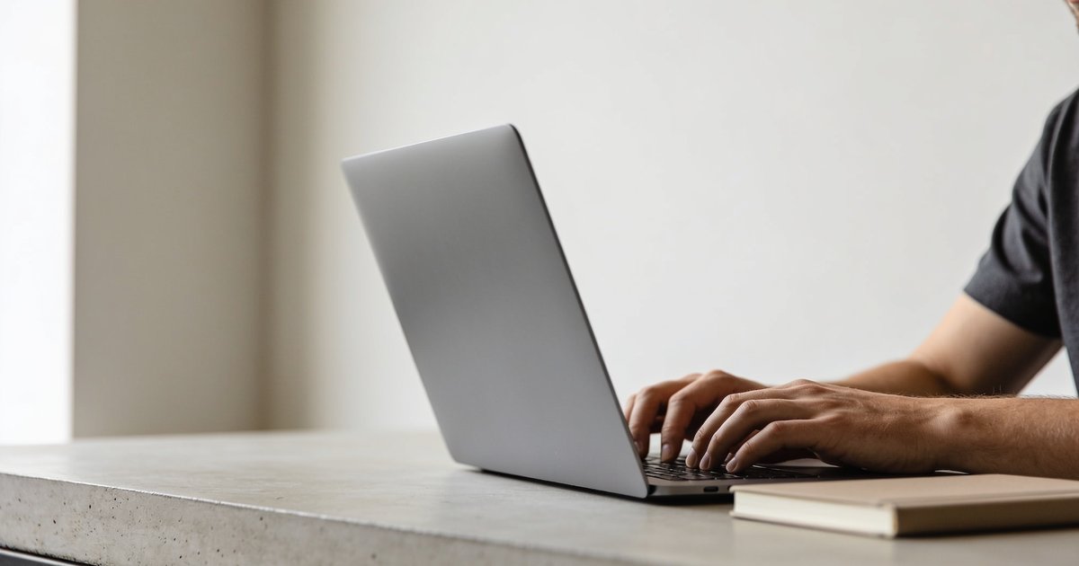 Aufgeräumter Arbeitsplatz eines SEO-Freelancers, Hände an der Tastatur