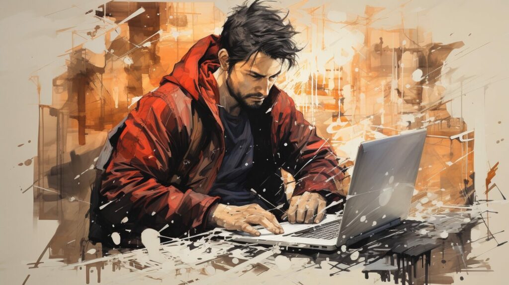 Ein Gemälde eines Mannes, der einen Laptop benutzt.