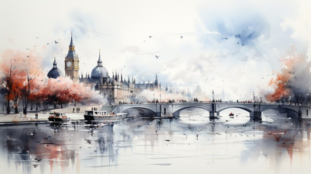 Aquarellmalerei von Big Ben und der Themse in London.