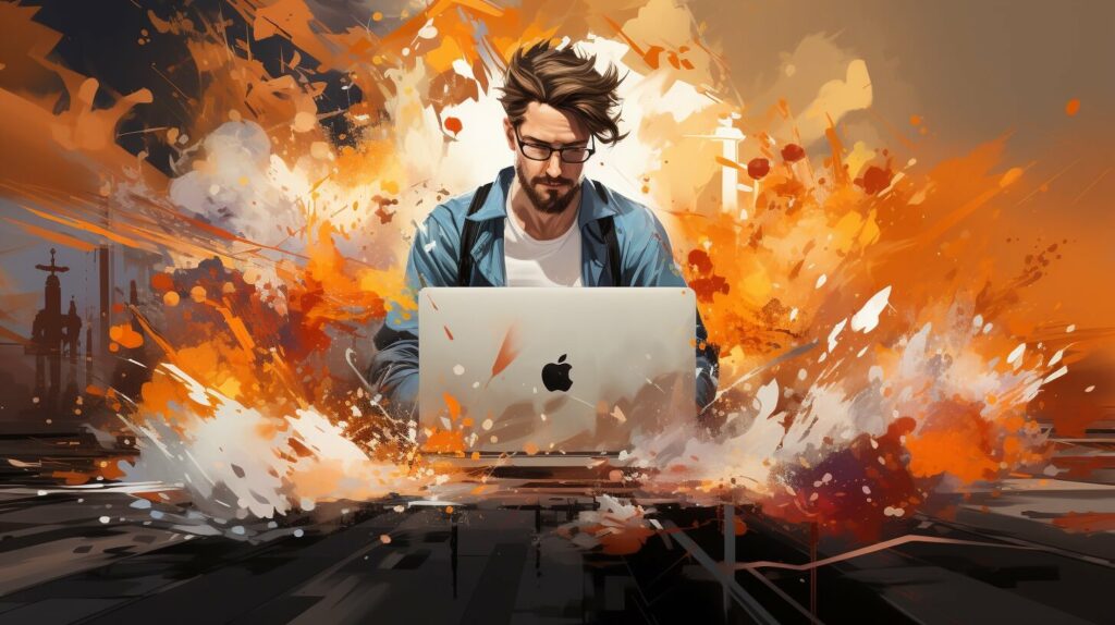 Ein Bild eines Mannes, der an einem Laptop arbeitet.