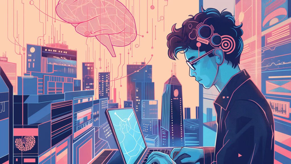 Eine digitale Illustration zeigt eine Person mit Brille und Kopfhörern, die an einem Laptop arbeitet. Der Hintergrund zeigt eine futuristische Stadtlandschaft in Neonfarben und holografischen Elementen, darunter eine große gehirnförmige Grafik, die Technologie und künstliche Intelligenz symbolisiert – ein echter Wendepunkt bei der KI-SEO-Optimierung von Websites.
