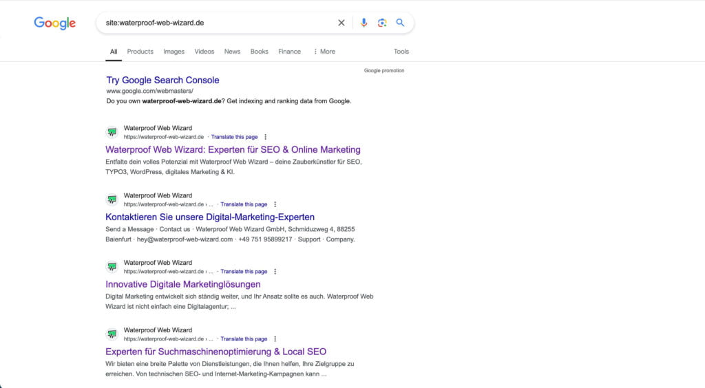 Ein Screenshot der Google-Suchergebnisse für die Abfrage „site:waterproof.agency“. Es werden mehrere Suchergebnisse der Website „Waterproof Web Wizard“ aufgelistet, die Dienstleistungen in den Bereichen SEO, Online-Marketing und digitales Marketing anbietet. Ganz oben erscheint eine Anzeige der Google Search Console.