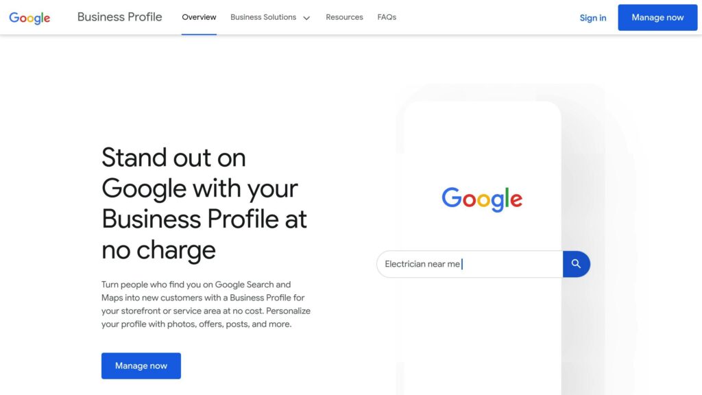 Die Google-Seite präsentiert einen Service zur kostenlosen Verbesserung von Unternehmensprofilen mit „Elektriker in meiner Nähe“ im Suchfeld. Eine Schaltfläche „Jetzt verwalten“ fordert zum Handeln auf, während die obere Navigation Optionen wie „Übersicht“ und „Unternehmenslösungen“ bietet. Nutze Tools zur Optimierung deines Eintrags mit Google My Business Optimieren.