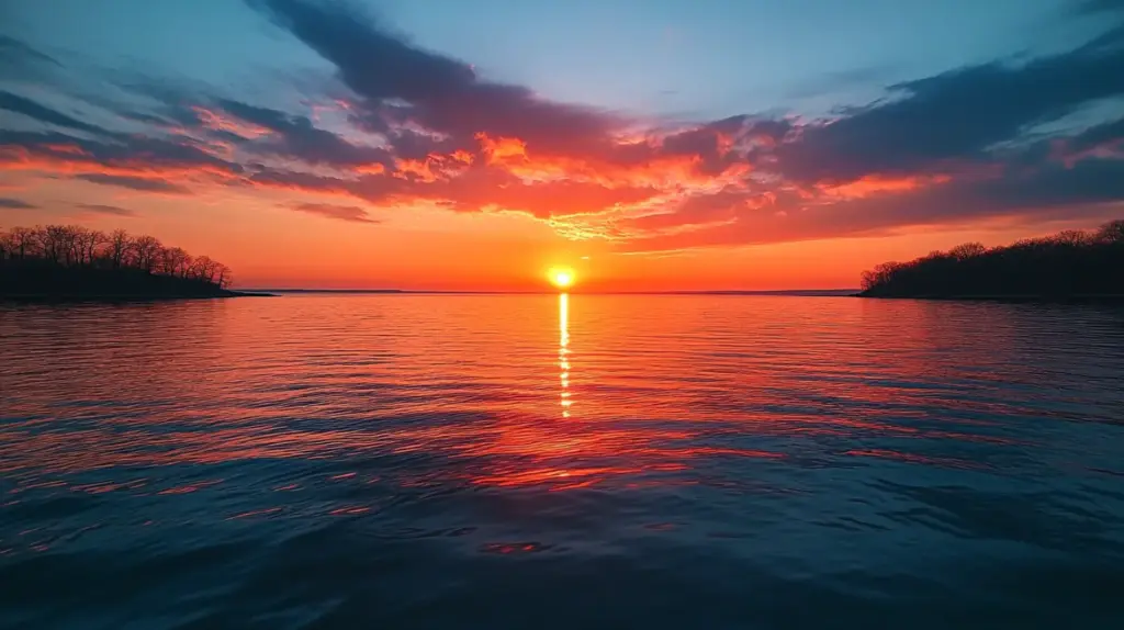 Ein farbenfroher Sonnenuntergang über einem ruhigen See, die Sonne steht tief am Horizont und die Silhouetten der Bäume rahmen beide Seiten ein - so erreichst du die beste Position in den Google KI-Antworten. Die strahlende Szene dominiert deinen Blick, während sich das Sonnenlicht im plätschernden Wasser spiegelt.